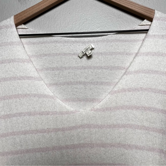 Project Women 100% Cashmere Knit Sweatshirt XL White Pink Stripe Fisherman V-Nec - Picture 6 of 9